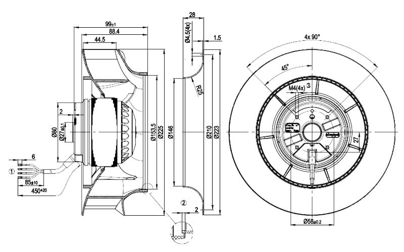 R2E 225 radyal fan teknik çizimi